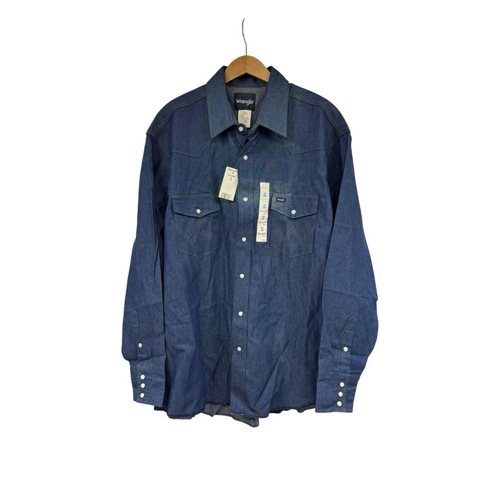 VTG Wrangler X-Long Tails Shirt Mens Blue Denim Pearl Snap‎ 18X36 70127MW 2XL T